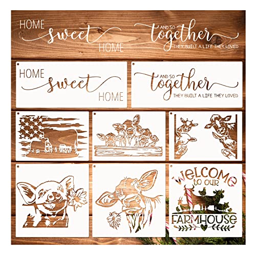Farmhouse Stencils, Reusable Cow Pig Farm Stencils Wood Burning Country Farm Animal Paint Stencils for Painting on Wood DIY Craft Furniture Wall Sign Huahui