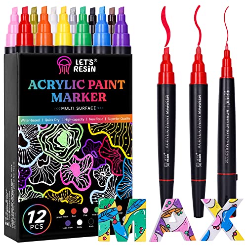 LET'S RESIN 12 Colors Acrylic Paint Markers, 3 Tips Multi-Purpose & High-Capacity Acrylic Paint Pens, Perfect Resin Supplies for Resin Crafts, Rock,