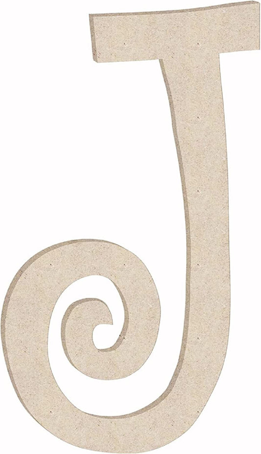 Wooden Letter 4'' Small MDF Curlz Font, Unfinished J Wood Alphabet Letter Girl Craft Cutout, Nursery Decor Initial Shape - WoodArtSupply