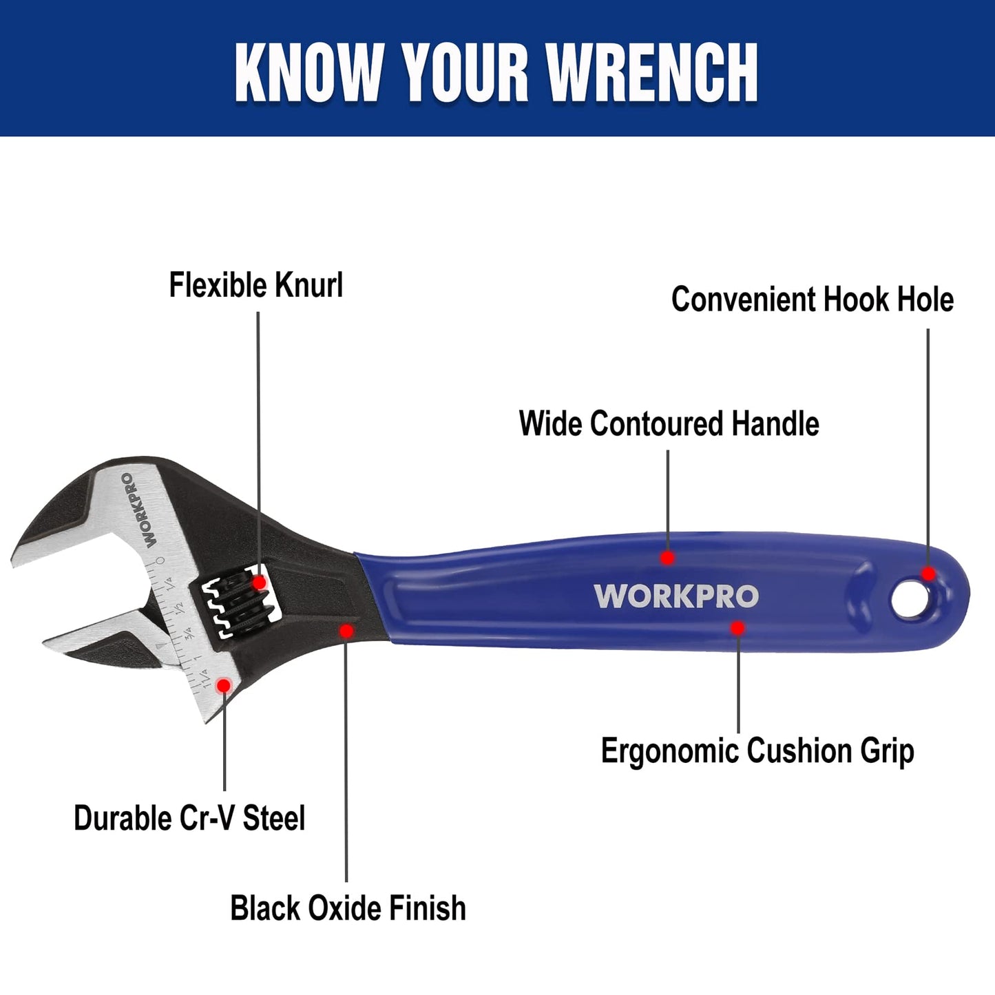 WORKPRO 2-piece Adjustable Wrench Set, 6-Inch & 10-Inch Wrenches, Wide Jaw Black Oxide Wrench, Metric & SAE Scales, Cr-V Steel, for Home, Garage,