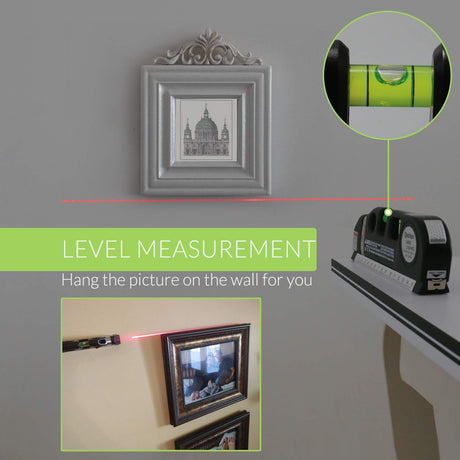 Laser Level Line Tool, Qooltek Multipurpose Cross Line Laser 8 feet Measure Tape Ruler Adjusted Standard and Metric Rulers for hanging pictures Qooltek