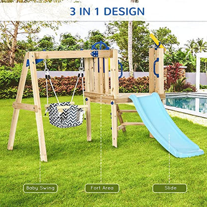 Outsunny 3 in 1 Wooden Swing Set Outdoor Playset with Baby Swing Seat, Toddler Slide, Captain's Wheel, Telescope, Kids Backyard Playground Equipment,