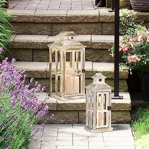 HOMCOM 2 Pack 28"/20" Large Rustic Wooden Lantern Decorative, Indoor/Outdoor Lantern for Home Décor (No Glass), Natural HOMCOM