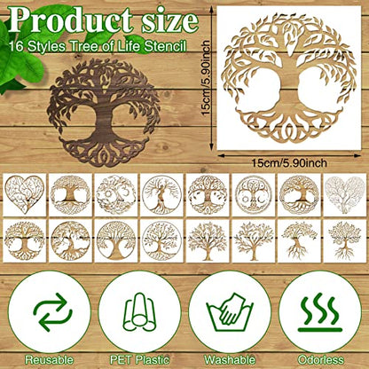 16Pcs 6 x 6 Inch Tree of Life Stencil, Reusable Stencils for Painting on Wood Decoration Painting Templates for Wall Floor DIY Decorations Christmas Gifts for Kids