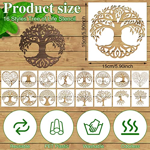16Pcs 6 x 6 Inch Tree of Life Stencil, Reusable Stencils for Painting on Wood Decoration Painting Templates for Wall Floor DIY Decorations Christmas WSICSE