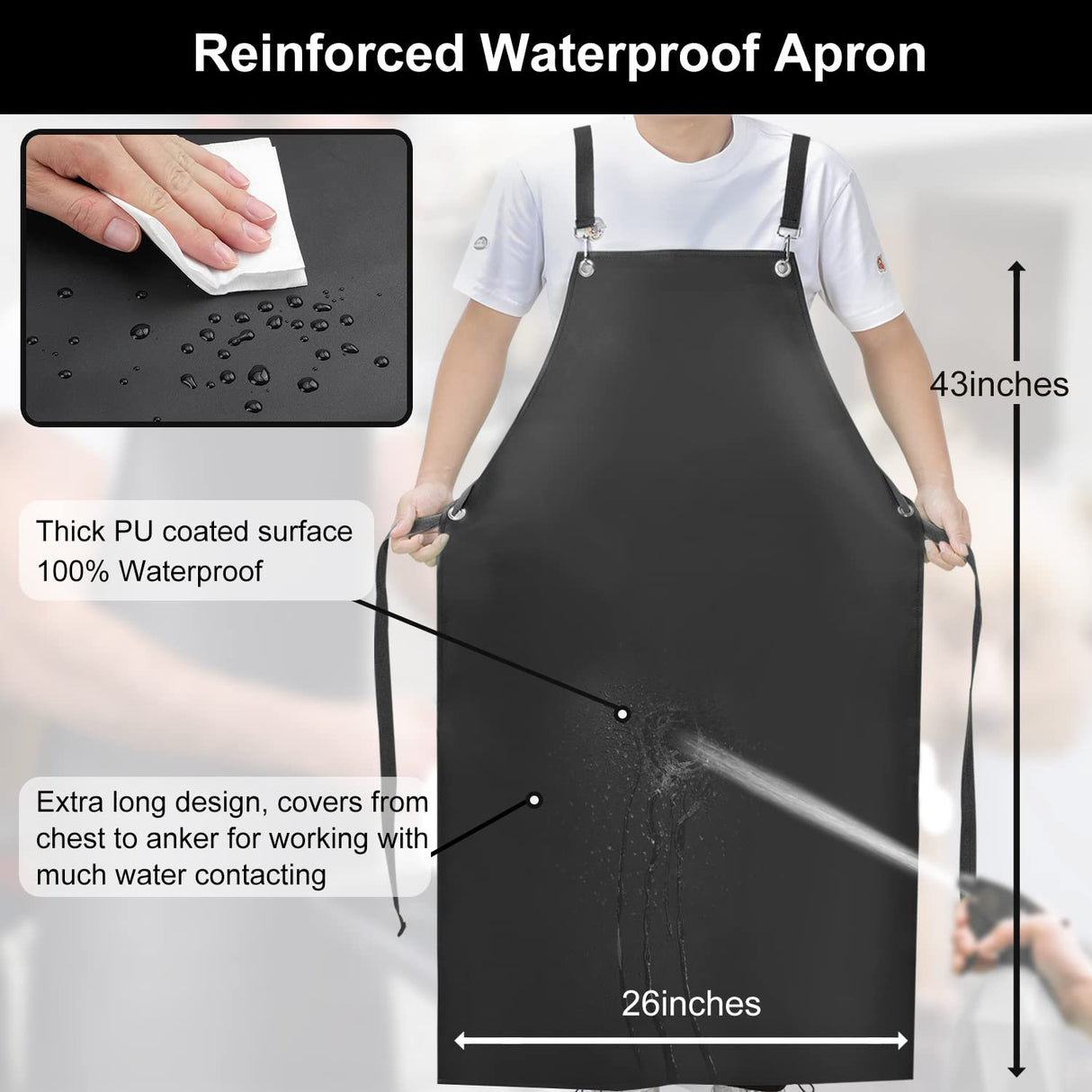 Sheomern Waterproof Rubber Apron, 43" Anti-Tear Heavy Duty Vinyl Apron Adjustable Thicker Cross Back Dishwasher Apron for Restaurant Dishwashing, Sheomern