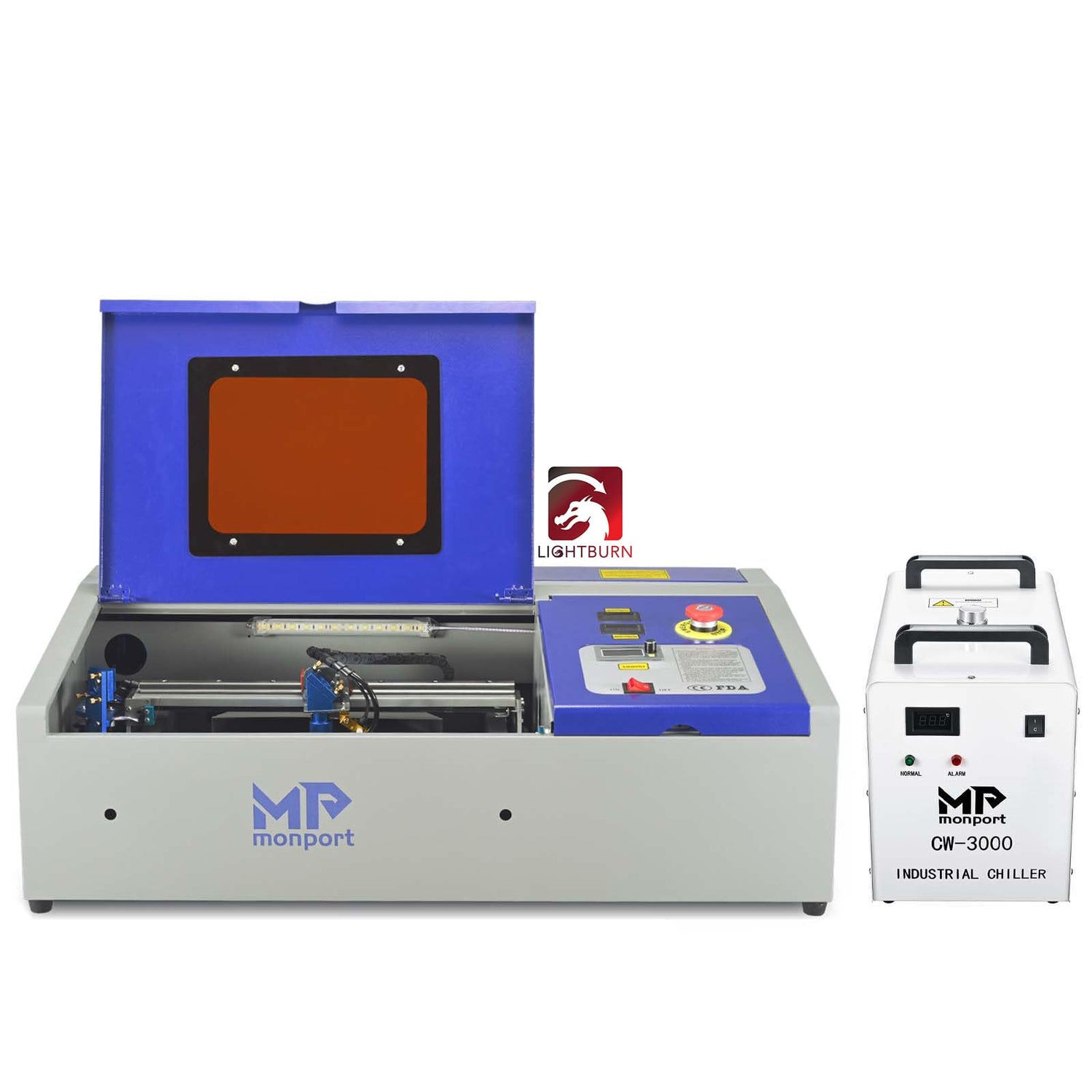 Monport 40W 2.0 Laser Engraver (8" X 12") CO2 Laser Engraver Lightburn Compatible with 3L CW-3000 Water Chiller for 40W CO2 Laser with Air Monport