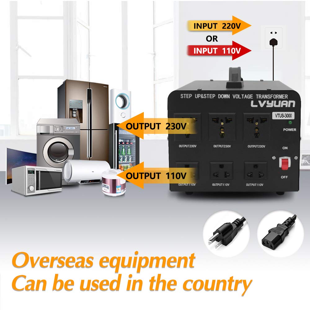 LVYUAN 3000 Watt Voltage Converter Transformer Heavy Duty Step Up/Down AC 110V/120V/220V/240V Power Converter with 3 US Outlets, 3 Universal Outlets, LVYUAN