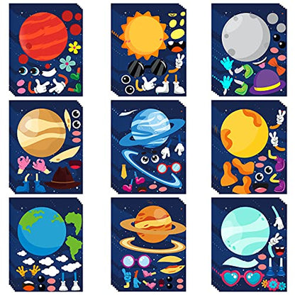 WATINC 45pcs Make Your Own Planet Stickers Games, 9 Planets Solar System Birthday Party Favor Stickers for Kids, DIY Outer Space Make a Face Sticker - WoodArtSupply