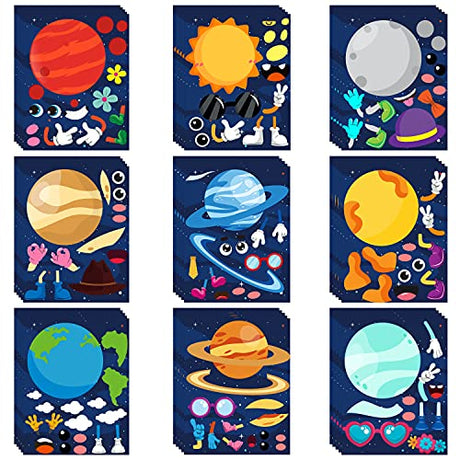 WATINC 45pcs Make Your Own Planet Stickers Games, 9 Planets Solar System Birthday Party Favor Stickers for Kids, DIY Outer Space Make a Face Sticker WATINC