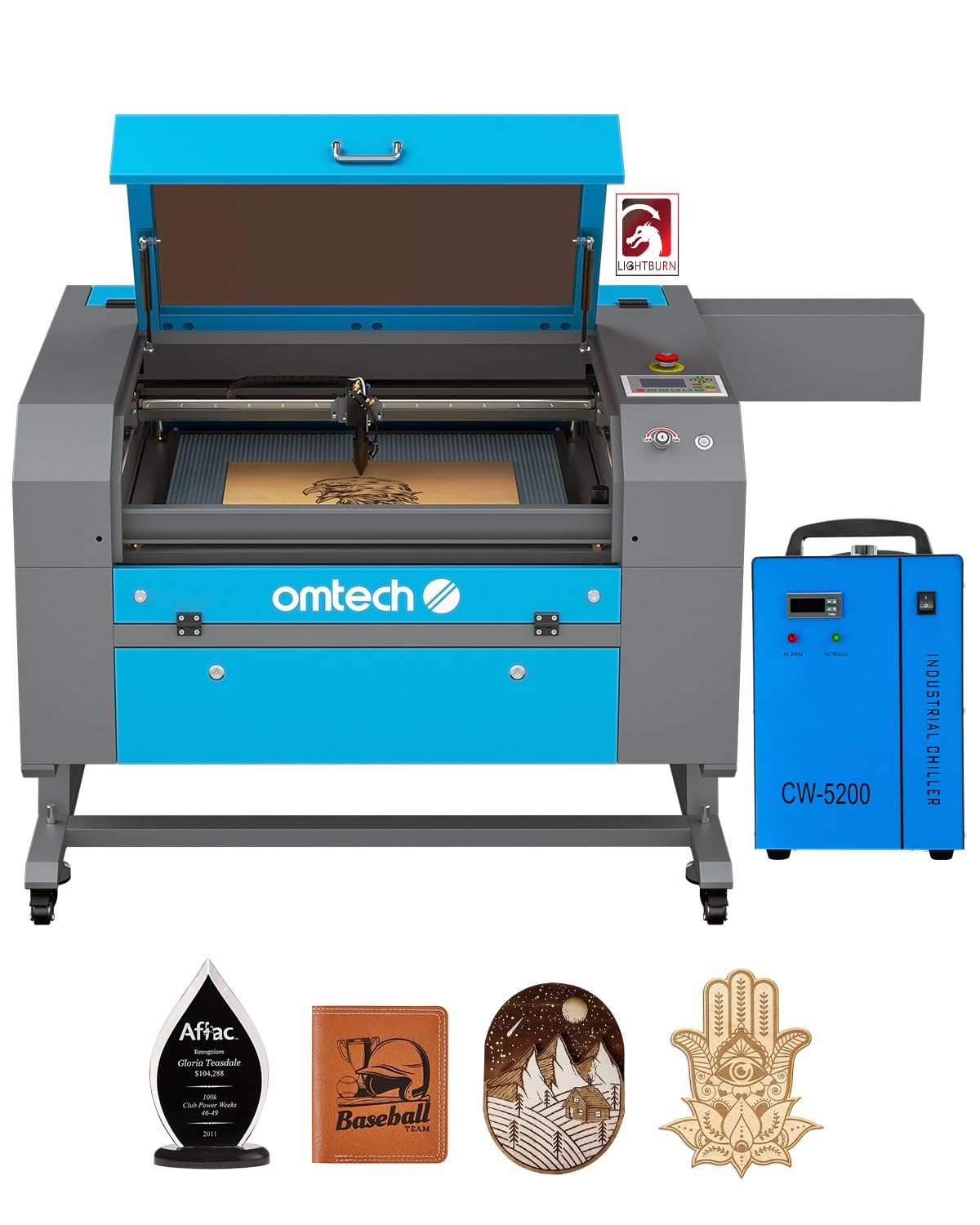 OMTech 100W CO2 Laser Engraver with LightBurn & Water Chiller, 20"x28" Laser Engraving Cutting Machine with 4 Way Pass Through Air Assist Wheels, OMTech