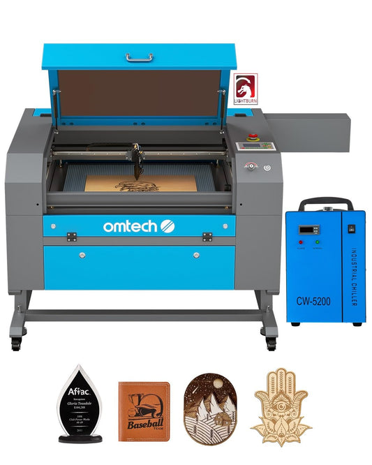 OMTech 100W CO2 Laser Engraver with LightBurn & Water Chiller, 20"x28" Laser Engraving Cutting Machine with 4 Way Pass Through Air Assist Wheels, - WoodArtSupply