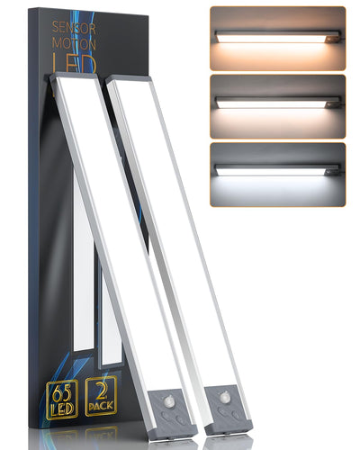 65 LED Under Cabinet Lights 2 Packs, 3 Color Temperatures Dimmable Motion Sensor Closet Lights, 2500mAh Rechargeable Under Counter , Wireless Night