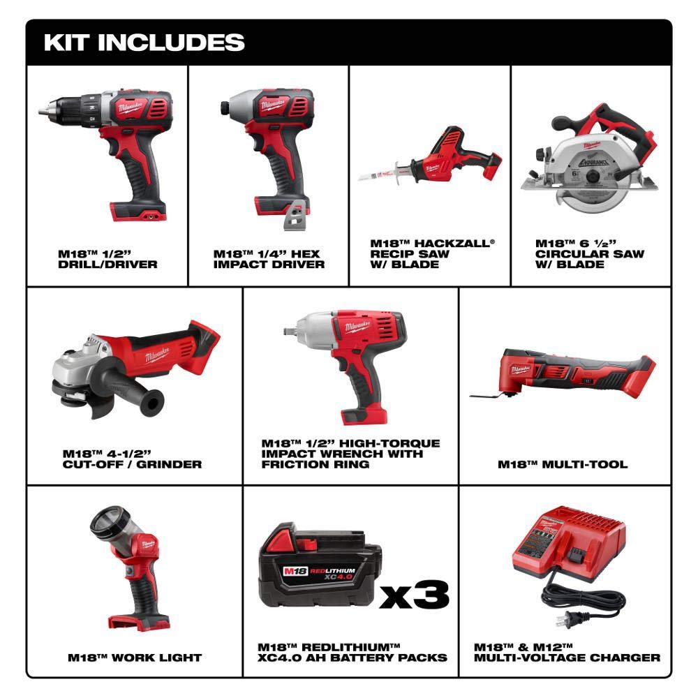 Milwaukee M18 Cordless Combo Kit 8-Tool with Three and charger - WoodArtSupply