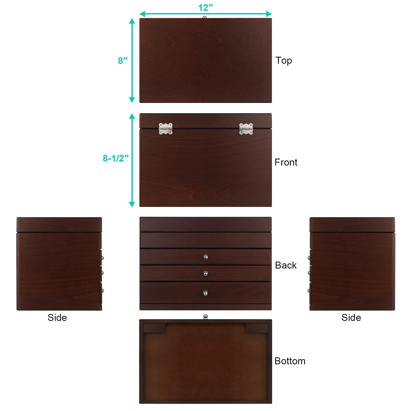 A&A Large Solid Wooden Jewelry Organizer Box with 3 Drawers Storage Case Devices and Mirror for Women Brown - WoodArtSupply