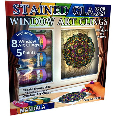 ZORBITZ Joy of Coloring Stained Glass Window Art Clings DIY Kit,8 Clings& 5 Paints,4 Gorgeous,Intricate Mandala Designs,Designed Paint,Removable Joy of Coloring