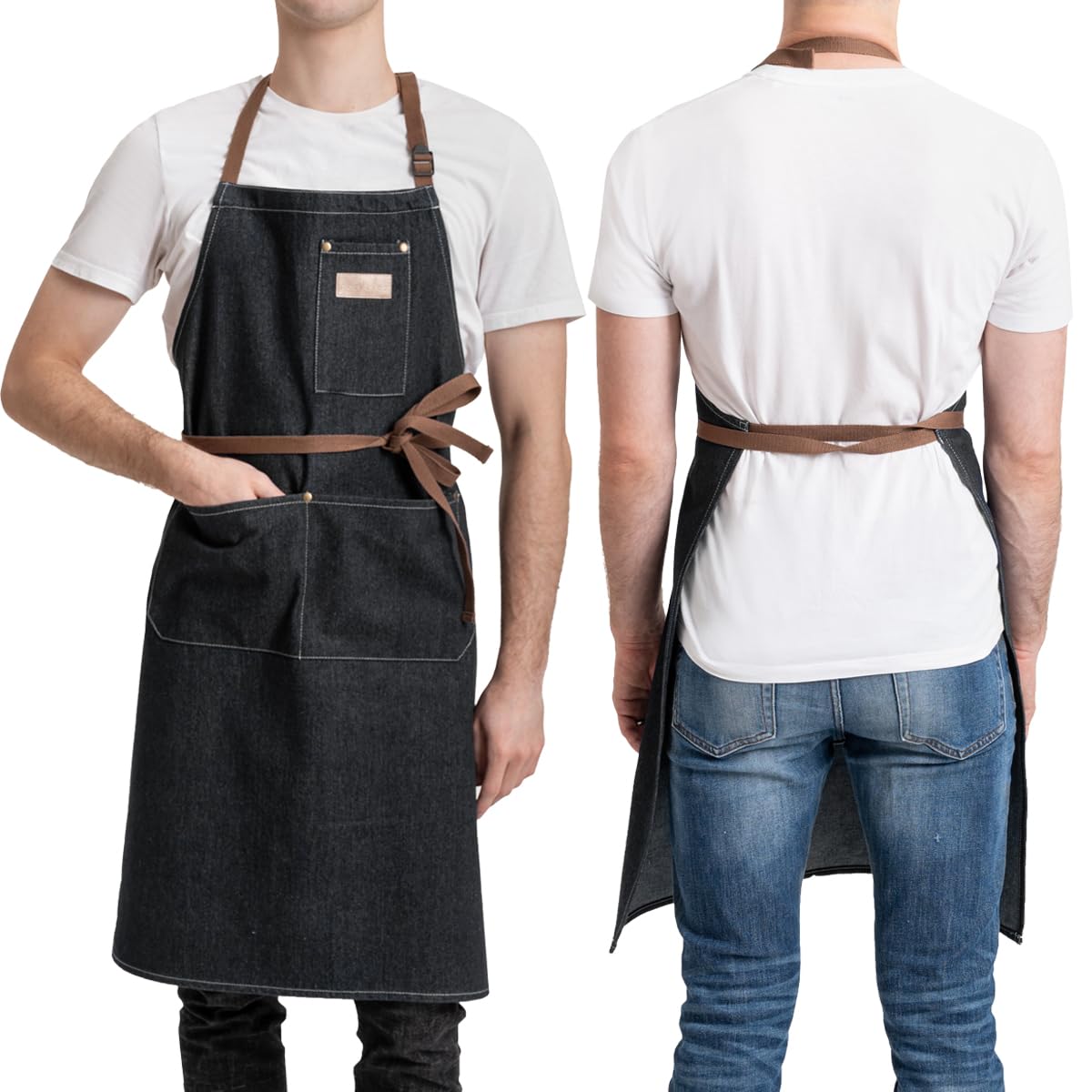 ROTANET Denim Work Apron with 3 Pockets Adjustable Bib Jean Tool Apron for Chef Kitchen Shop Cooking Grilling for Men Women Black - WoodArtSupply