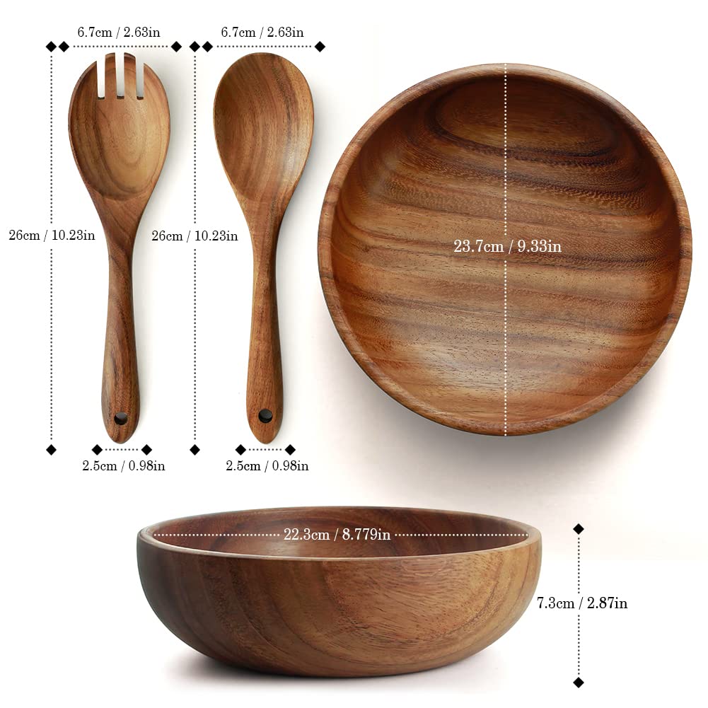 AOOSY Wooden Salad Bowls, Large Acacia Wood Salad Serving Bowl with Serving Tongs, 9.3" D x 2.8" H Round Bowls Set for Mixing Fruits Cereal Pasta AOOSY