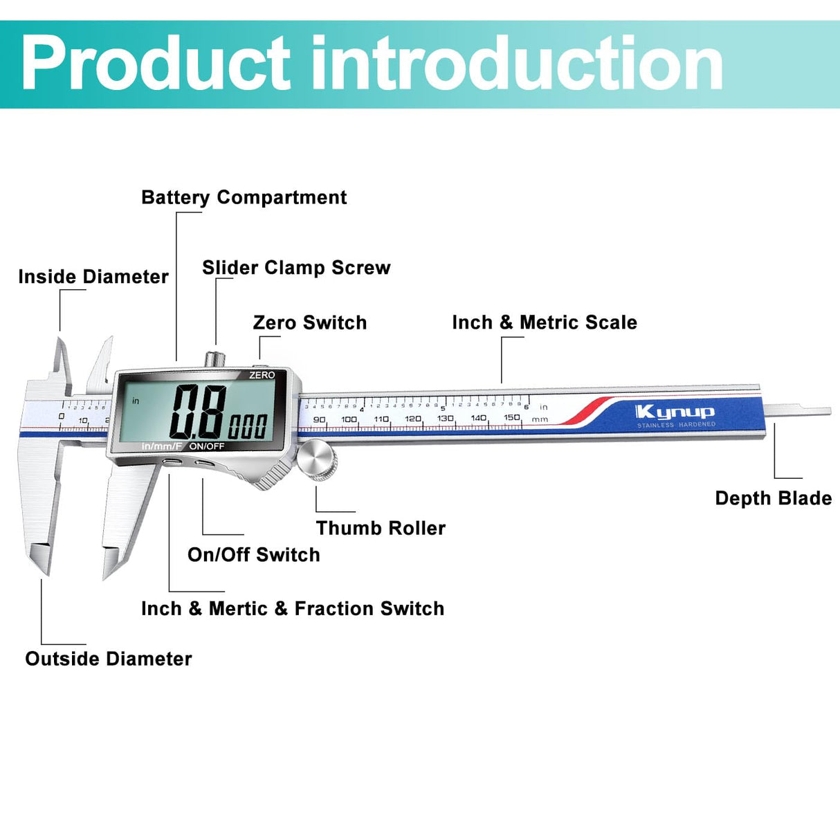 Kynup Digital Caliper, Caliper Measuring Tool with Large LCD Screen, Micrometer Caliper, Stainless Steel, Screen Splash Proof, Easy Switch from Inch Kynup
