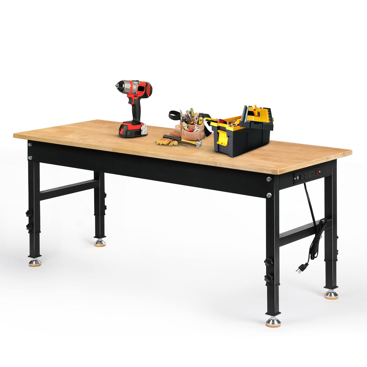 Betterhood Adjustable Height Workbench, 60" Rubber Wood Top Heavy Duty Workstation with Power Outlets, 2000 LBS Load Capacity Hardwood Worktable for Betterhood