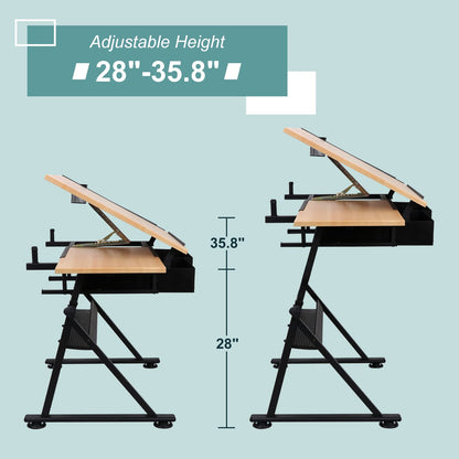 ZENY Drafting Table Art Desk Drawing Table Height Adjustable Artist Table Tilted Tabletop w/Drafting Stool and Storage Drawer for Reading, Writing,