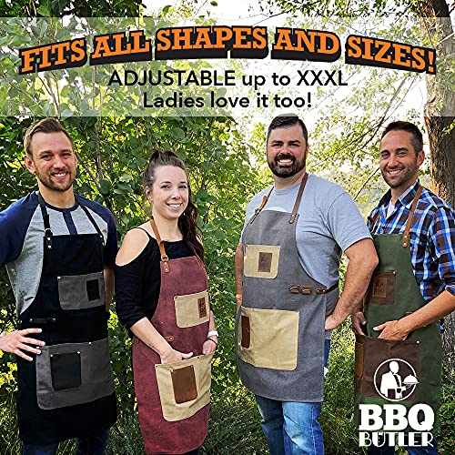 BBQ Butler Grill Apron - Adjustable Canvas Cooking Apron - XXL - Heavy Duty Smoker Apron - Grey BBQ Butler