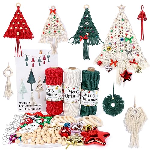 yazi 115 pcs Macrame Kits for Beginners, Christmas Tree DIY Macramé Supplies with 3 mm Cord Cotton, Beads, Bell, Xmas Ornaments, Snowflake, Bowknot, - WoodArtSupply