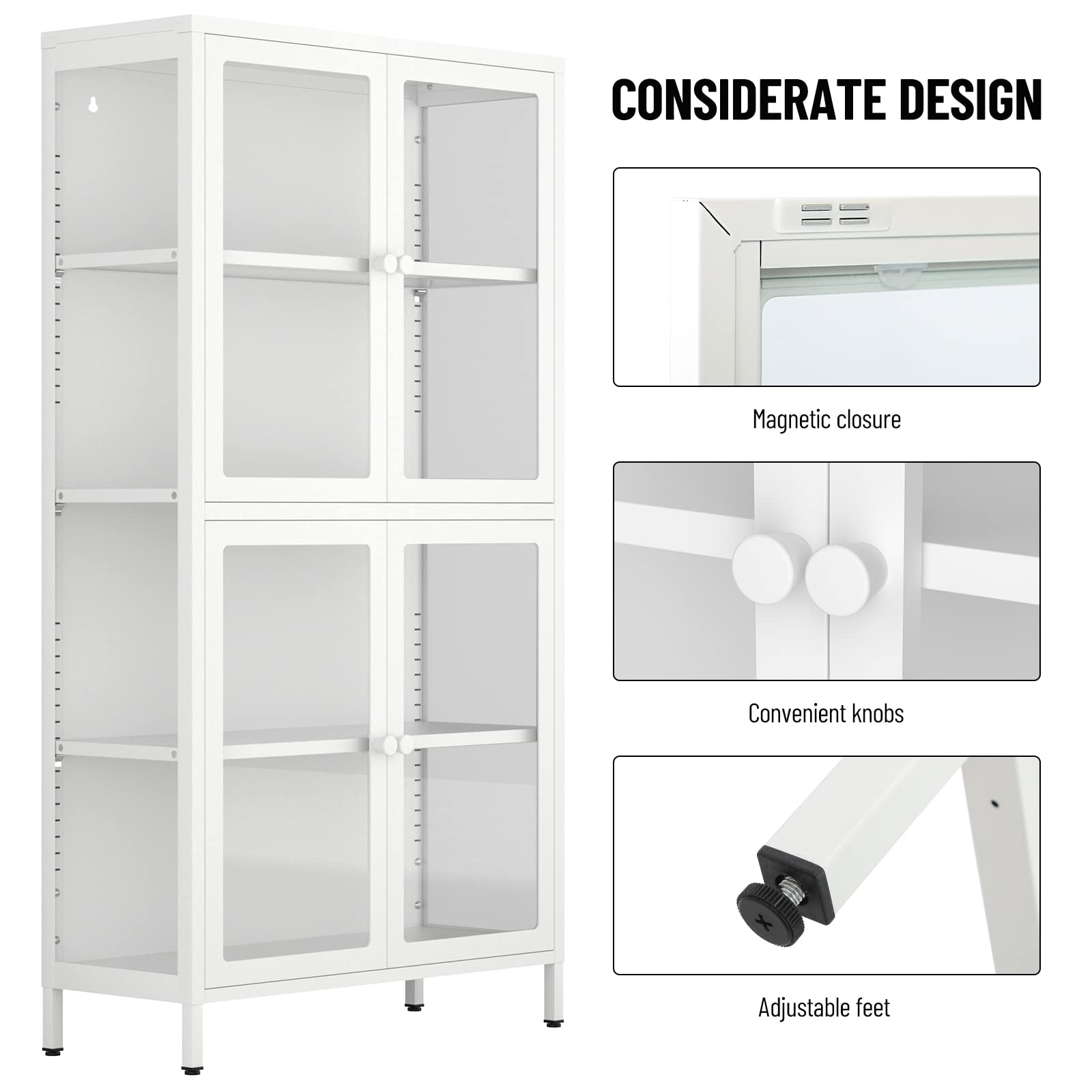 HANLIVES Elegant Glass Display Cabinet with 4 Adjustable Shelves and Doors in Cold-Rolled Steel - WoodArtSupply