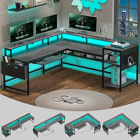 SEDETA L Shaped Gaming Desk, Convertible 96" Home Office Desk or Corner Desk, L Shaped Desk with Power Outlets & LED Strip, Monitor Stand, Keyboard SEDETA