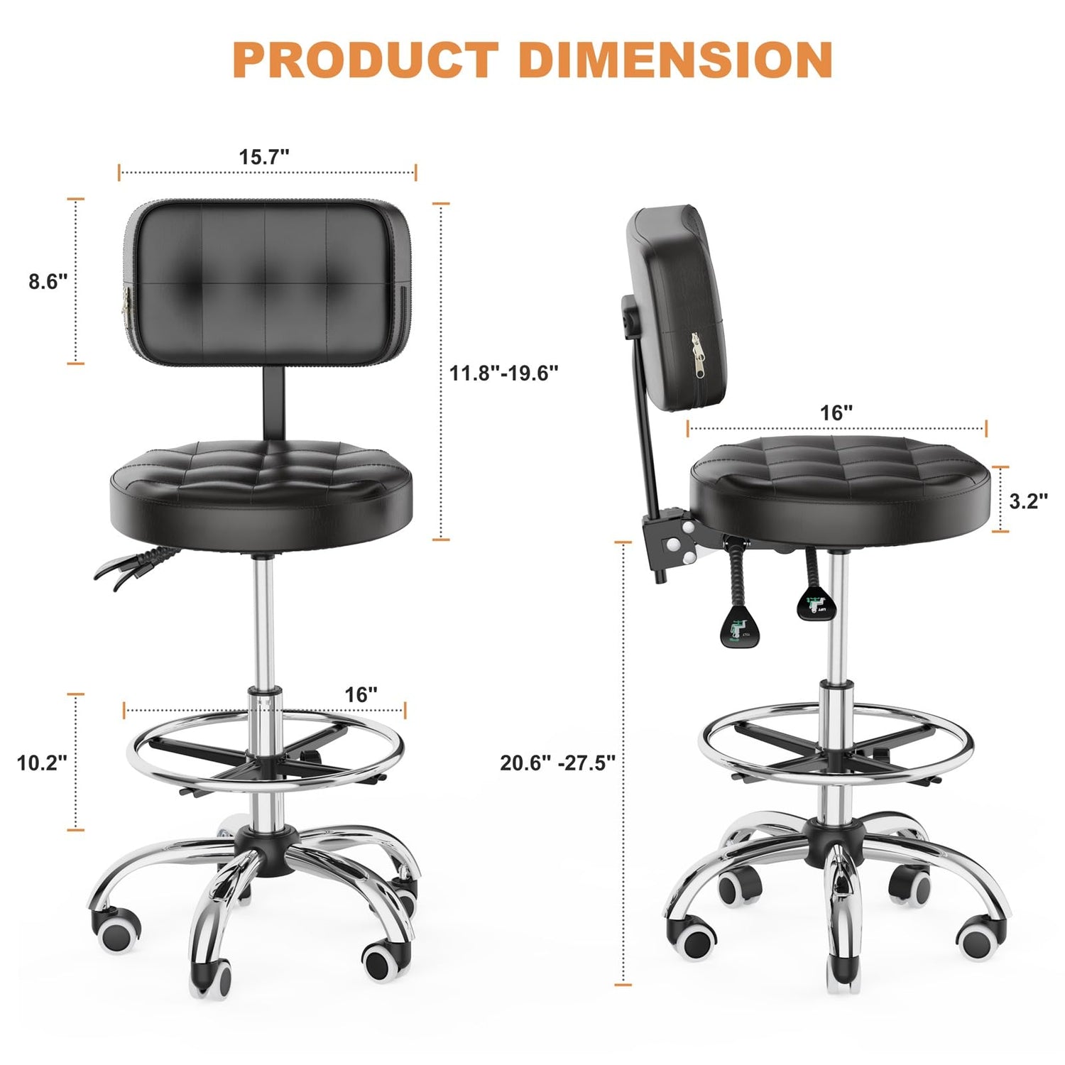 YJHome Rolling Stool, Rolling Stools with Wheels Foot Rest, Backrest Adjustable Height, Heavy Duty 400lbs Weight Capacity, Salon Spa Tattoo Massage YJHome