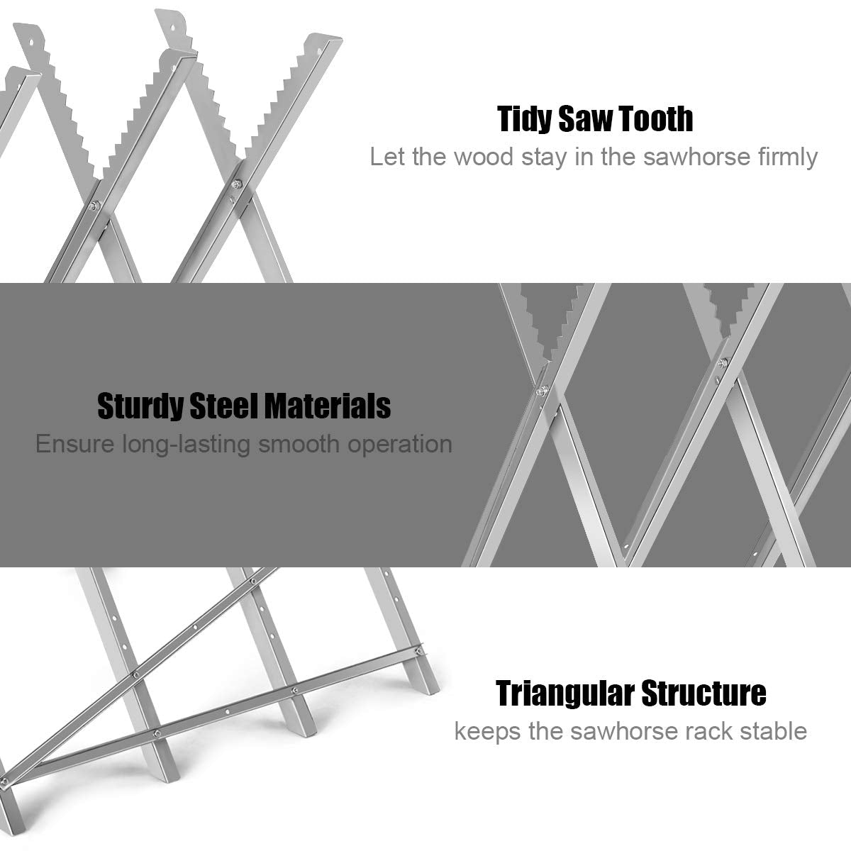 IRONMAX Folding Saw Horse, 220 LBS Heavy Duty Steel Sawbuck w/ Sawtooth for Log Firewood, Adjustable Lightweight Sawhorse Wood Cutting Stand IRONMAX