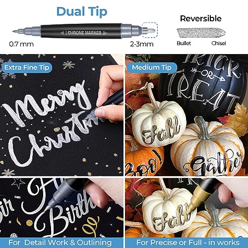 Metallic Markers Gold Pen Silver Marker, Mirror Chrome Paint Marker for Art, Dual Tips, Permanent Metallic Pens for Halloween Pumpkins, Ceramic, Artcroof