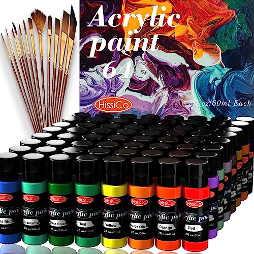 Acrylic Paint Set of 64 Colors 2fl oz 60ml Bottles with 12 Brushes,Non Toxic 64 Colors Acrylic Paint No Fading Rich Pigment for Kids Adults Artists HissiCo