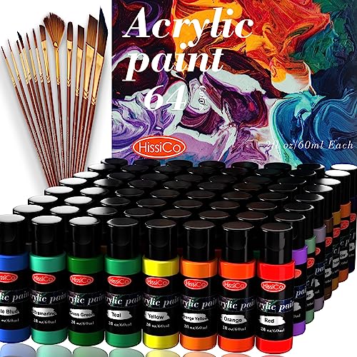 Acrylic Paint Set of 64 Colors 2fl oz 60ml Bottles with 12 Brushes,Non Toxic 64 Colors Acrylic Paint No Fading Rich Pigment for Kids Adults Artists - WoodArtSupply