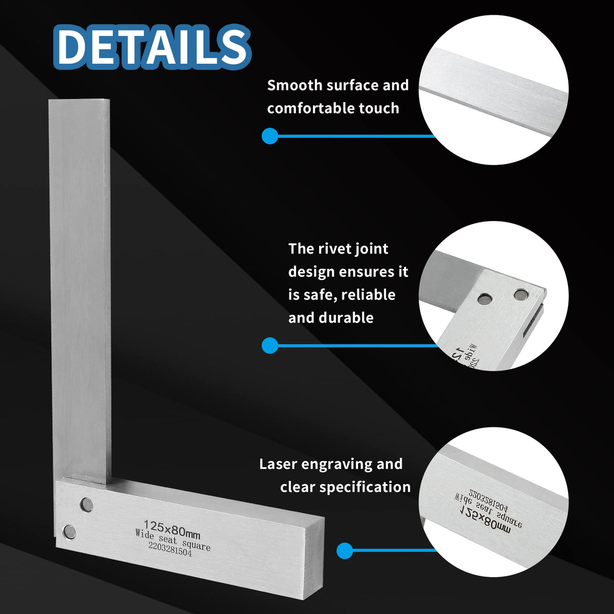 Biaungdo Machinist Square, 5" x 3.2" Mechanical Steel High Precision Square, Wide Seat Square 90 Right Angle Engineer Tool L-Type Measuring Tool for Biaungdo