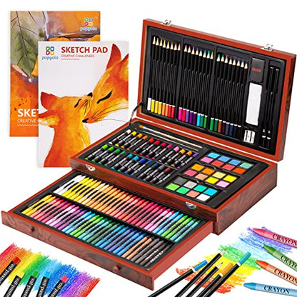 POPYOLA Art Supplies, Deluxe Wood Art Set for Artist, Various Painting Supplies, Including Crayons, Colored Pencils, Oil Pastels, Watercolor Cakes,