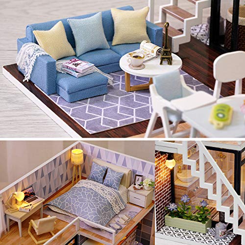 MAGQOO 3D Wooden Dollhouse Miniature DIY House Kit with Furniture,1:24 DIY Dollhouse Kit Dust Proof Included (Blue Times) MAGQOO