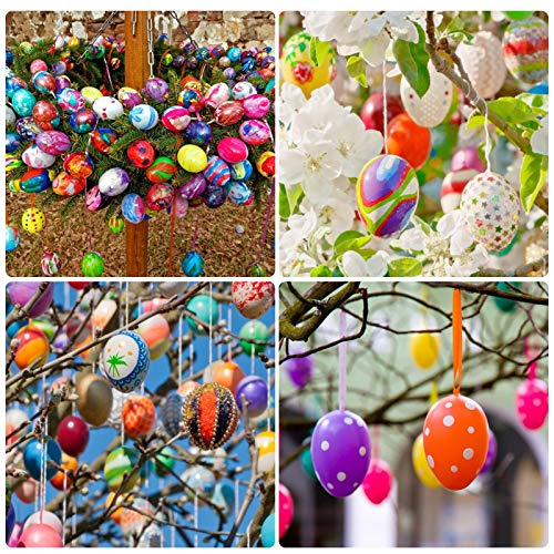 Max Fun 50 Pcs White Blank Easter Eggs Ornaments Bulk Decoration for Craft Hanging Plastic Artificial Eggs with Rope DIY Painting Decorating Basket Max Fun