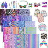 Shalun 50pcs A4 Random Printed Fine Glitter Faux Leather Sheets 8x12inch Shiny Rainbow Mermaid Flower Butterfly Pattern PU Canvas Fabric for Cricut shalun