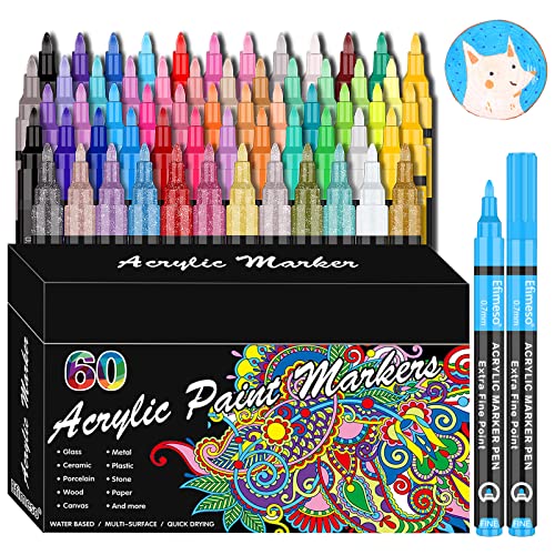 RESTLY Acrylic Paint Pens, 60 Colors Acrylic Paint Marker, 0.7mm Extra Fine Paint Pens for Canvas, Rock Painting, Wood, Glass, Metal, Ceramic, stone - WoodArtSupply