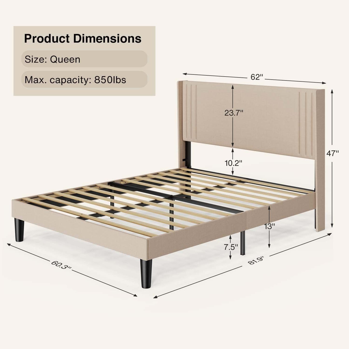 Gizoon Queen Bed Frame with Wingback Headboard, Upholstered Platform Bed with Modern Geometric Headboard, Wooden Slats, Noise-Free, No Box Spring