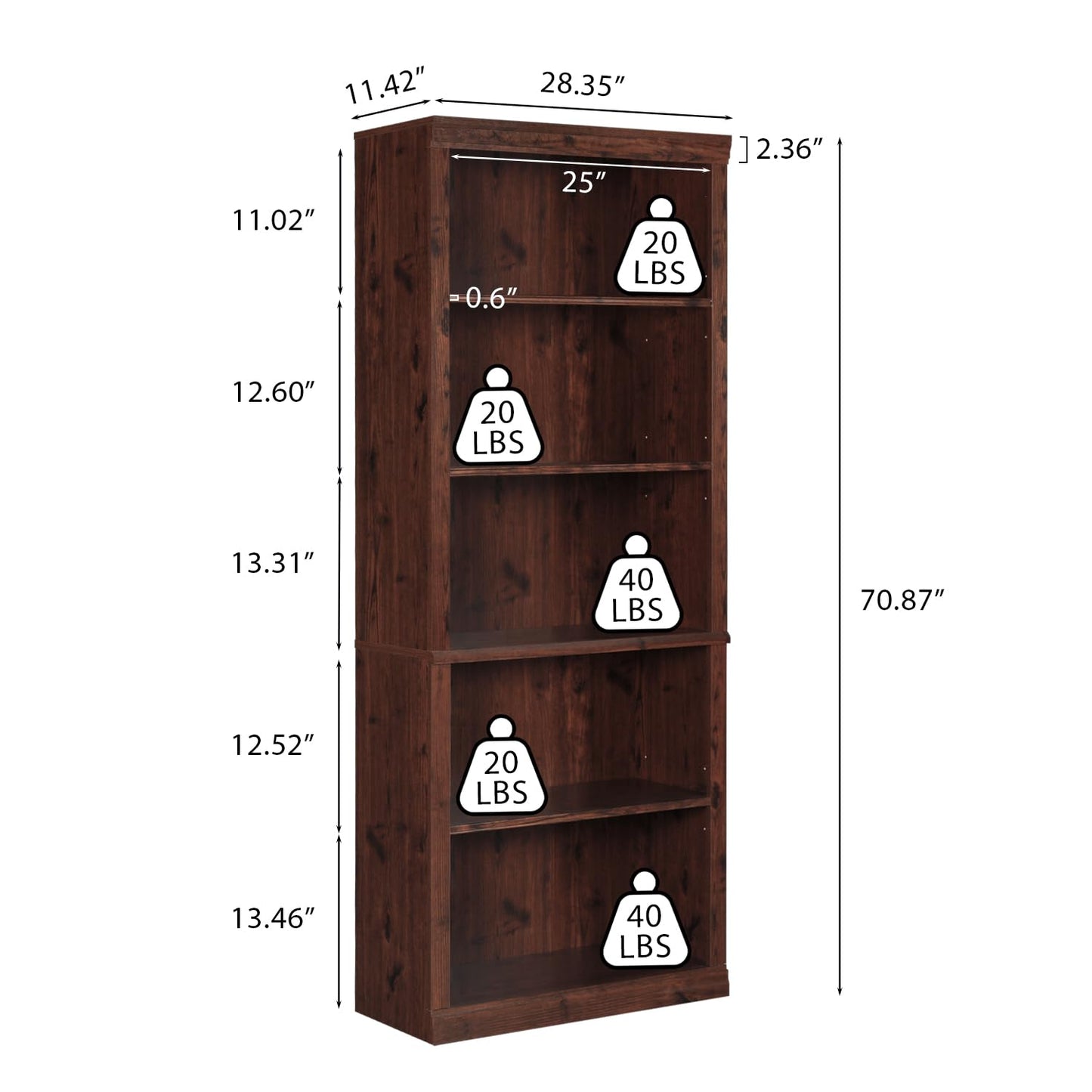 Vikiullf Cherry Wood Tall Bookshelf - 5 Adjustable Storage Shelves for Versatile Display - WoodArtSupply