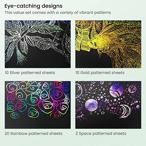 Arteza Scratch Paper, Set of 42 Sheets, 10.9 x 8.2 Inches, Includes 4 Unique Patterns, 4 Scratchers, 4 Stencils, 4 Post Cards, Art Supplies for Craft ARTEZA