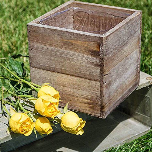 Wood Planter Box, 5 Inch Square, Rustic Barn Wood, Plastic Liner, Garden Centerpiece Display, Wedding Flowers Holder, Home and Venue Decor, (Set of