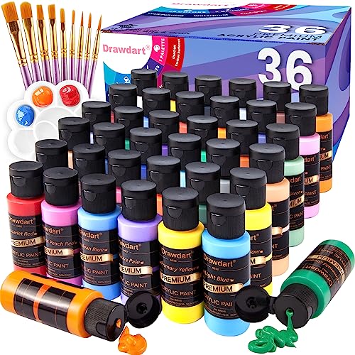 Drawdart 47 Pack Acrylic Paint Set, 36 Colors Art Painting Supplies for Canvas Wood Fabric Ceramic Crafts, Non Toxic & Rich Pigments for Artists &