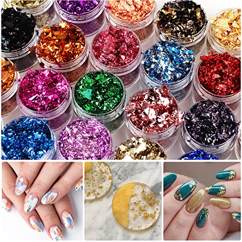 Mingjieus Gold Foil Flakes, 24 Color, Metallic Foil Flakes, Gilding Flakes, Gold Leaf Flakes, Gold Flakes for Resin, Nails, Painting, Crafts Mingjieus