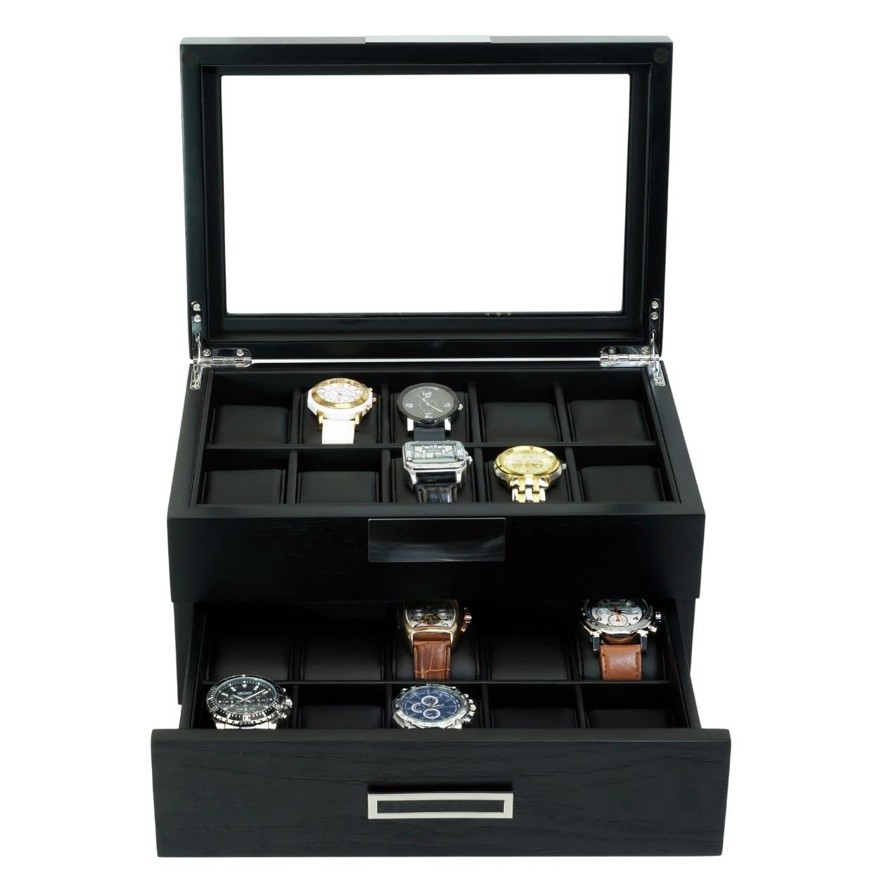 TIMELYBUYS 20 Black Ebony Wood Personalized Watch Extra Height Box Display Case 2 Level Storage Jewelry Organizer with Glass Top, Stainless Steel TIMELYBUYS