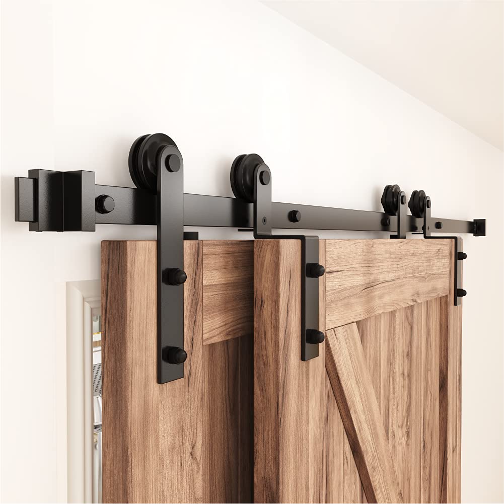 ZEKOO 5.5 FT Bypass Sliding Barn Door Hardware Kit, Single Track, Double Wooden Doors Use, Flat Track Roller, One-Piece Rail Low Ceiling (5.5FT ZEKOO