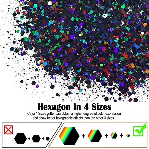 Ceya Holographic Chunky Glitter, 4.2oz/ 120g Black Craft Glitter Powder Mixed Chunky Fine Flakes Iridescent Nail Sequins for Nail Art, Hair, Epoxy ceya