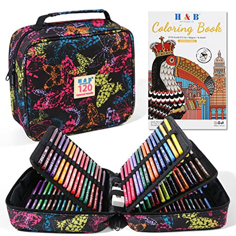 H & B 120-Color Colored Pencils Set with Coloring Book, Eraser, and Sharpener - Perfect for Drawing and Coloring - Soft Oil-Based Cores Ideal for H & B